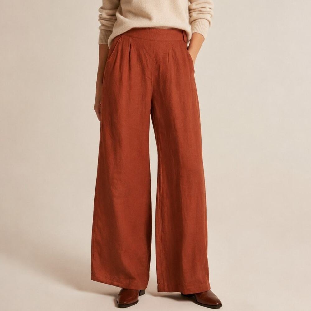 Abercrombie Linen Pull On Wide Leg Pants Size M Orange Rust Lounge Granola Fall